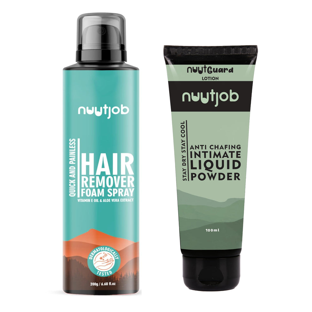 Nuutjob Hair Removal Foam Spray & Nuutguard Liquid Powder Combo - Quick & Painless Hair Removal | Dermatologist Approved | Liquid Powder Controls Sweat, Odour and Itch | For All Skin Types - Unisex Adult | 200 gm + 100 ml