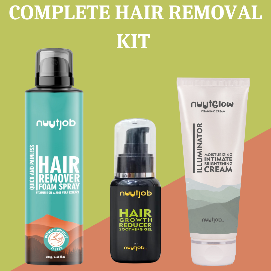 Total Hair Removal Kit | Hair Removal foam spray + Hair growth reducer gel + Nuut glow Intimate Brightening Cream  Combo Pack